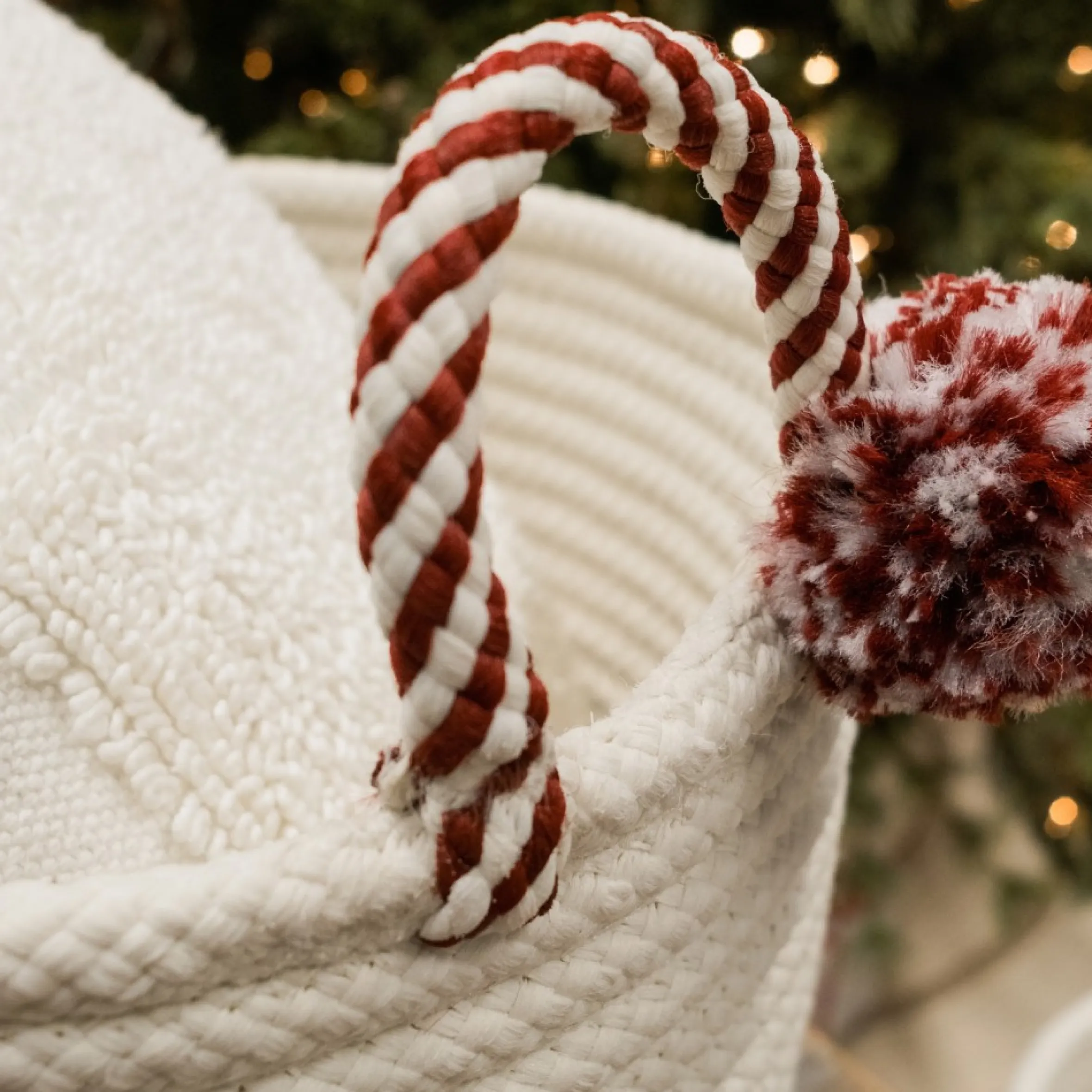 14" Braided Round Candy Cane Basket With Red Handles