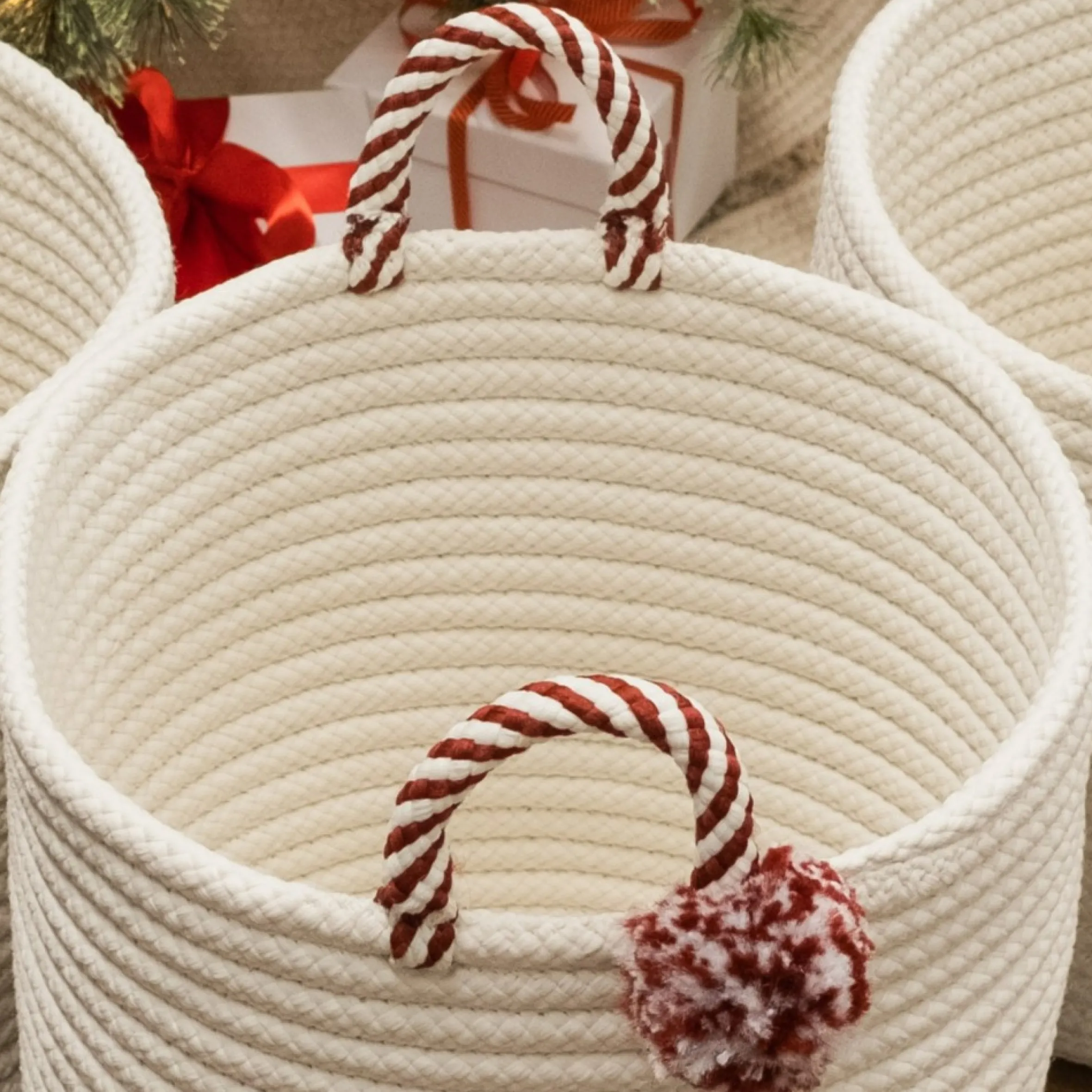 16" Braided Round Candy Cane Basket With Red Handles