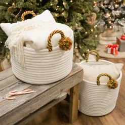 14" Braided Round Candy Cane Basket With Red And Green Handles