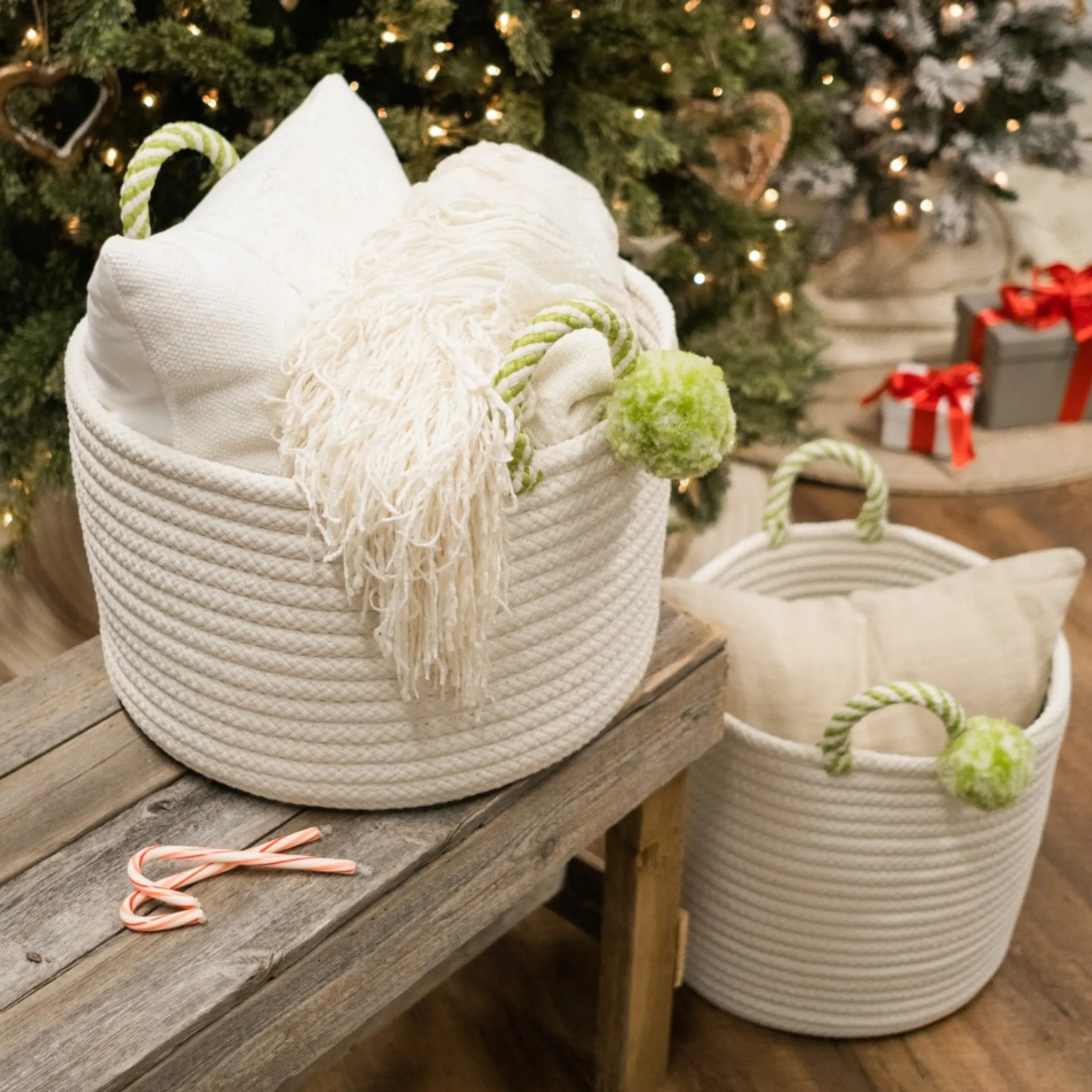 14" Braided Round Candy Cane Basket With Green Handles