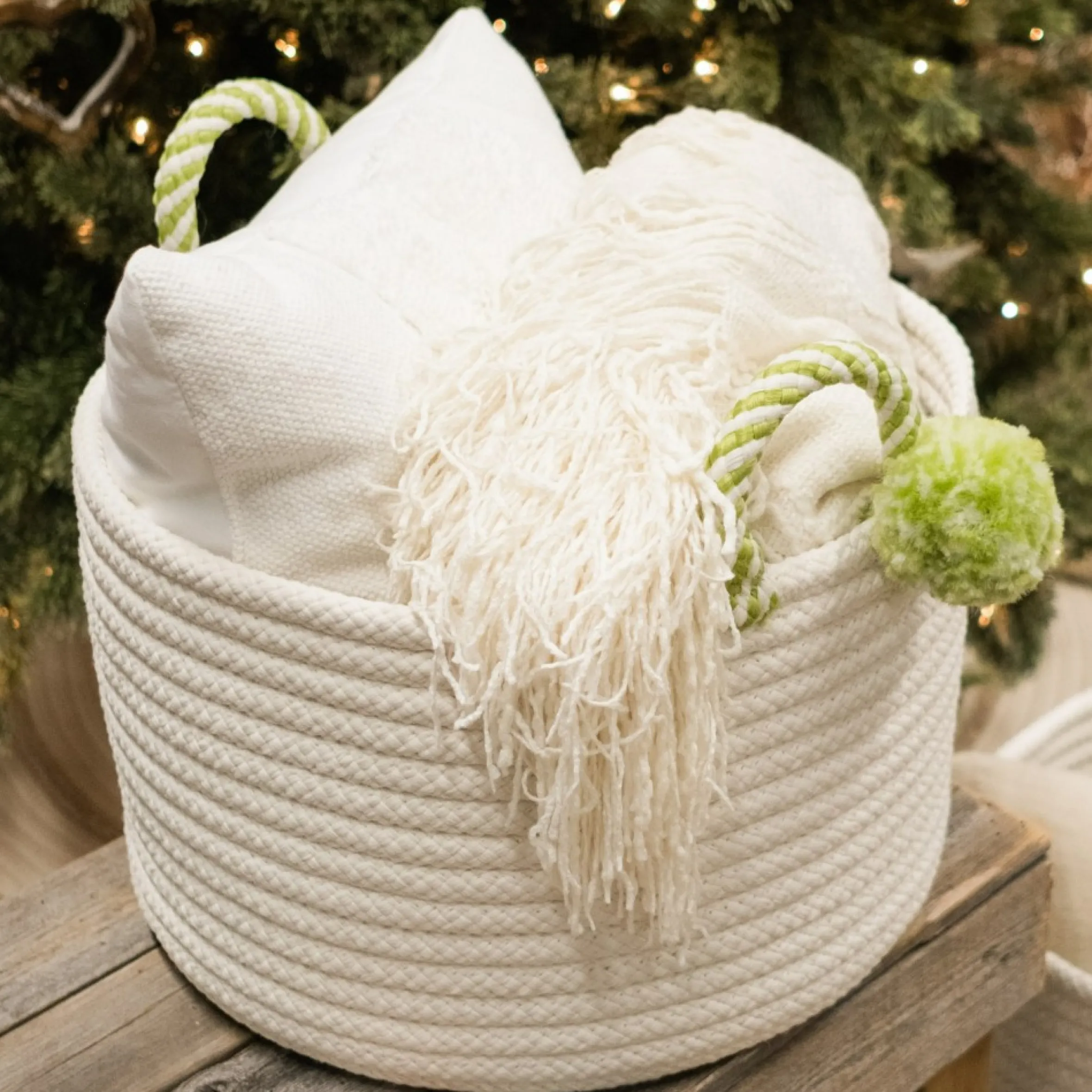 14" Braided Round Candy Cane Basket With Green Handles