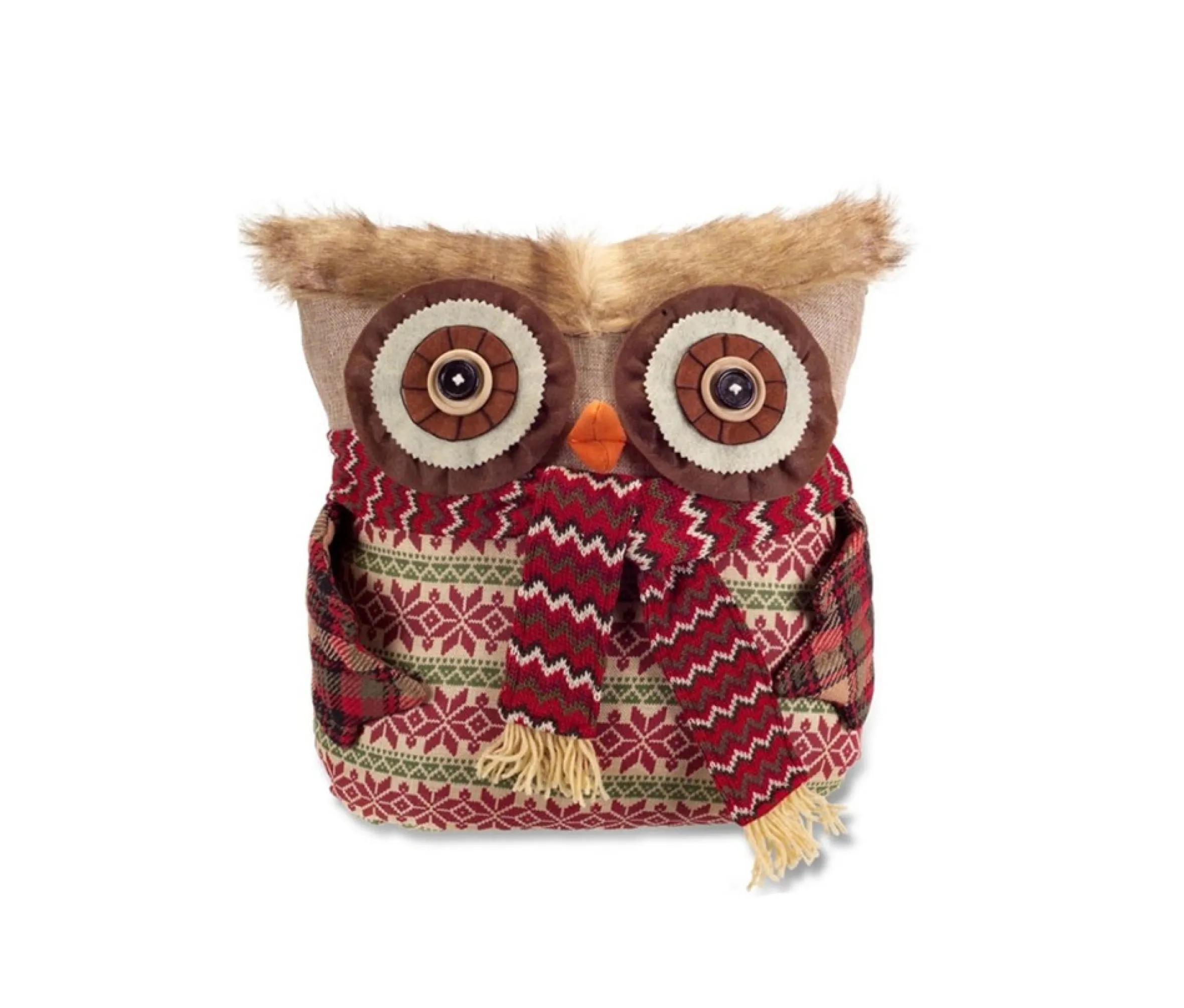 14" Brown And Red Nordic Owl With Scarf Christmas Throw Pillow