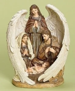 12.5" Brown And White Inspirational Holy Family With Angel Christmas Nativity Figurine
