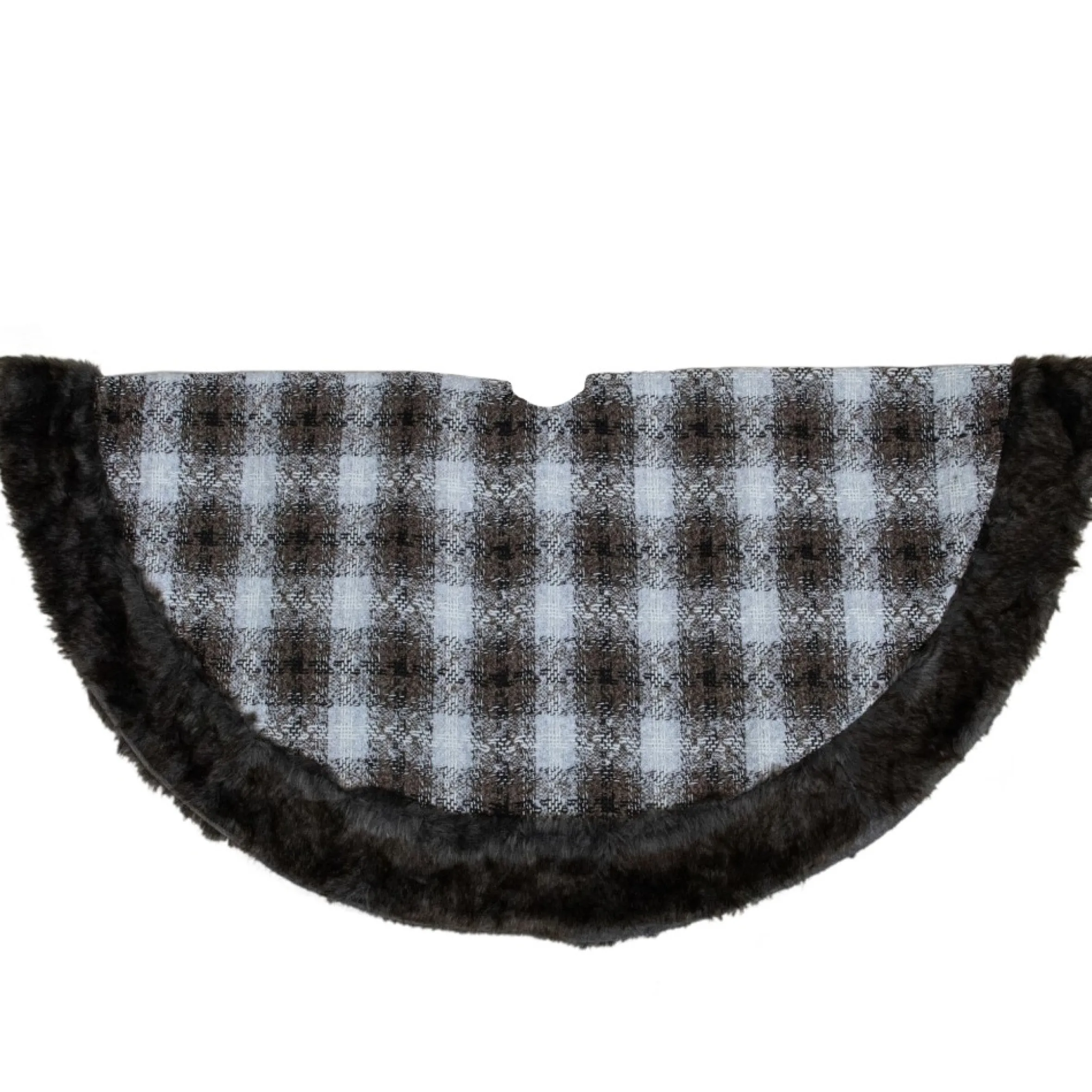 48" Brown And White Plaid Christmas Tree Skirt With Faux Fur