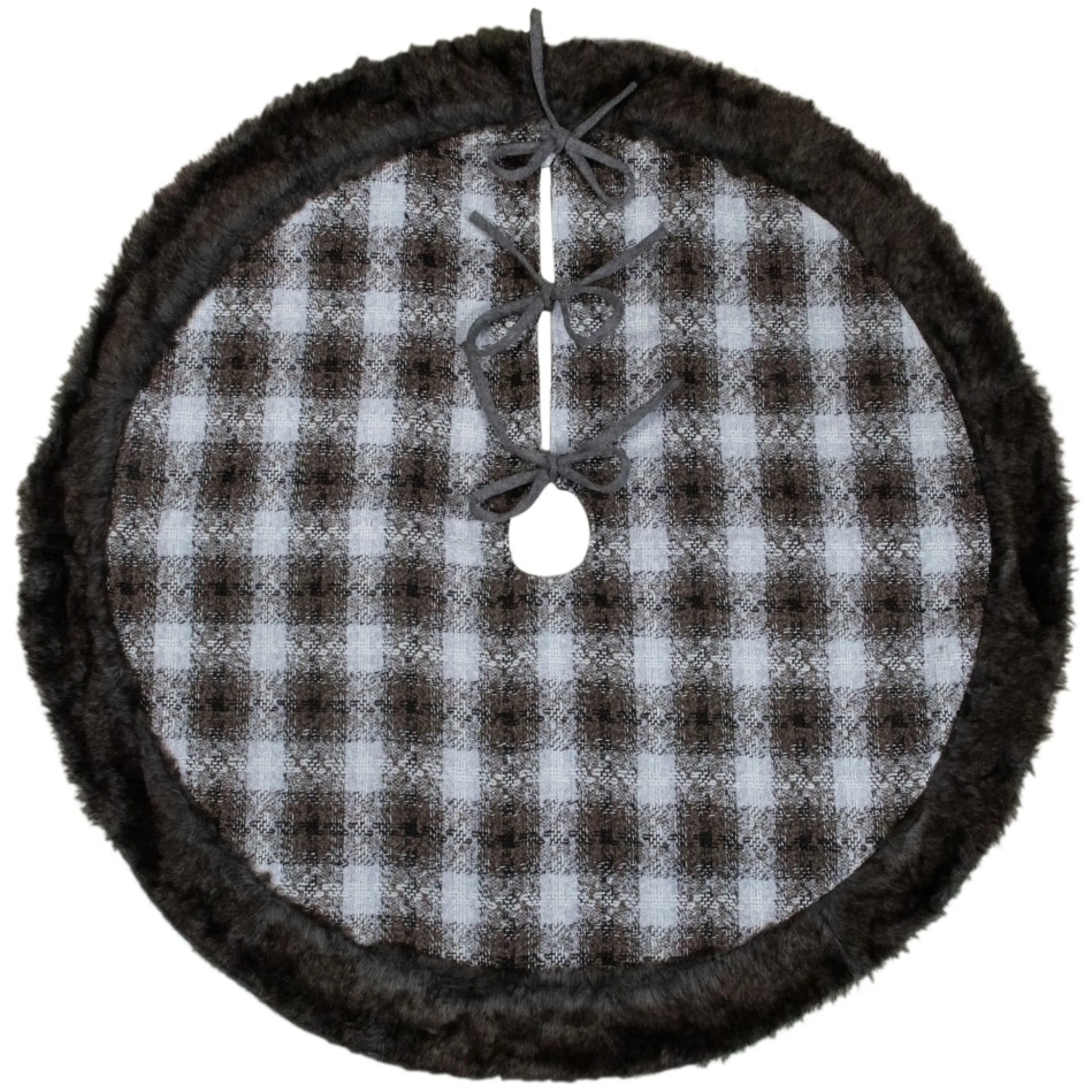 48" Brown And White Plaid Christmas Tree Skirt With Faux Fur