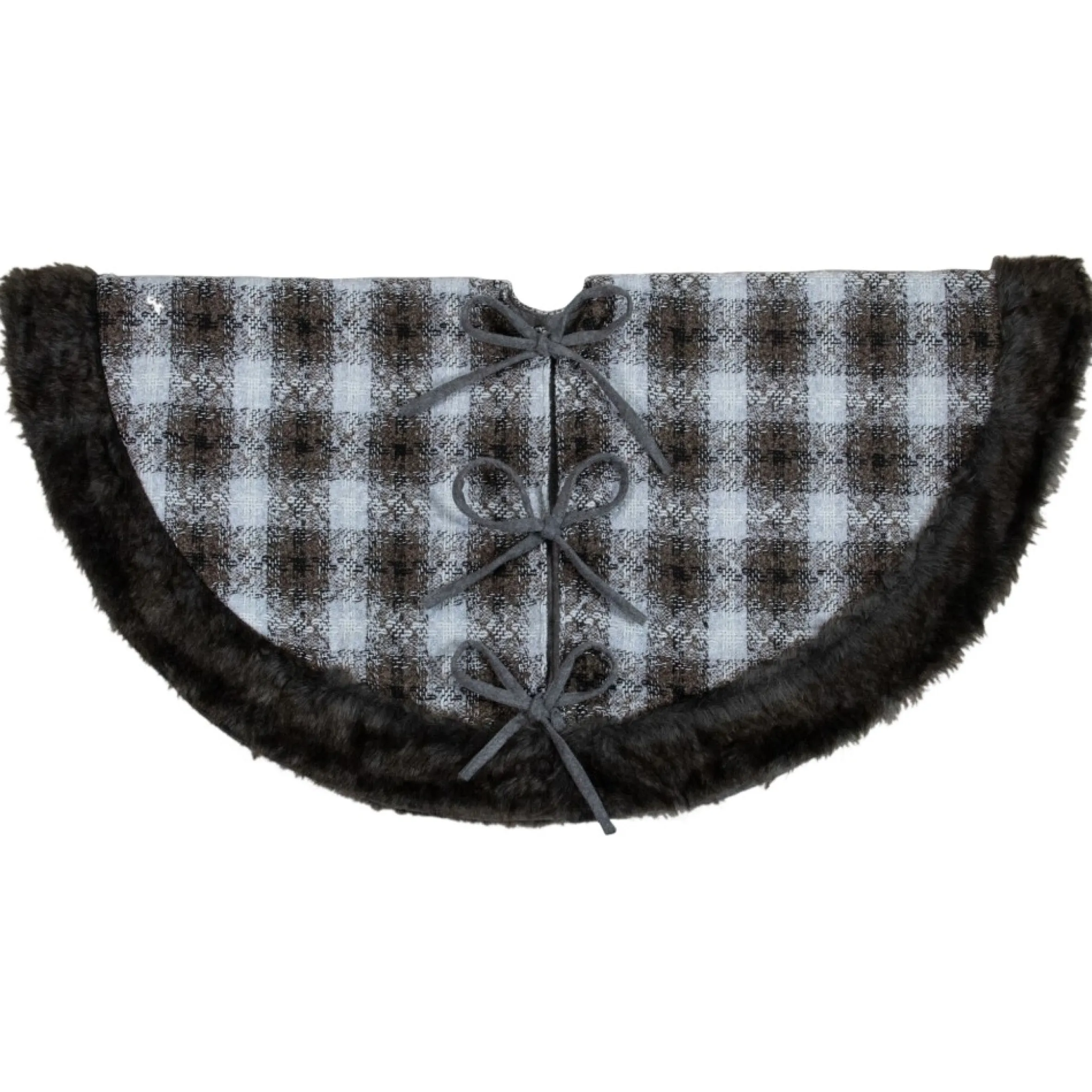 48" Brown And White Plaid Christmas Tree Skirt With Faux Fur