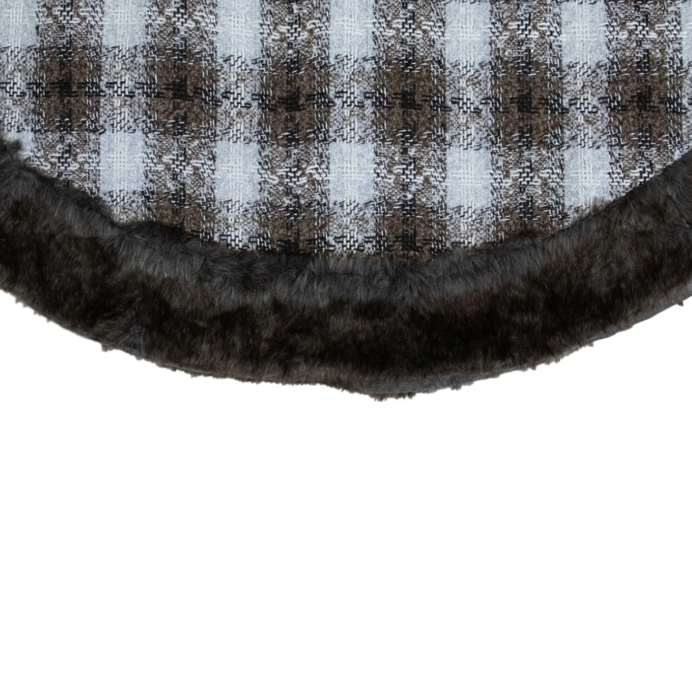 48" Brown And White Plaid Christmas Tree Skirt With Faux Fur