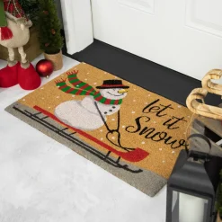Brown And White Snowman Let It Snow Rectangular Coir Christmas Doormat 18