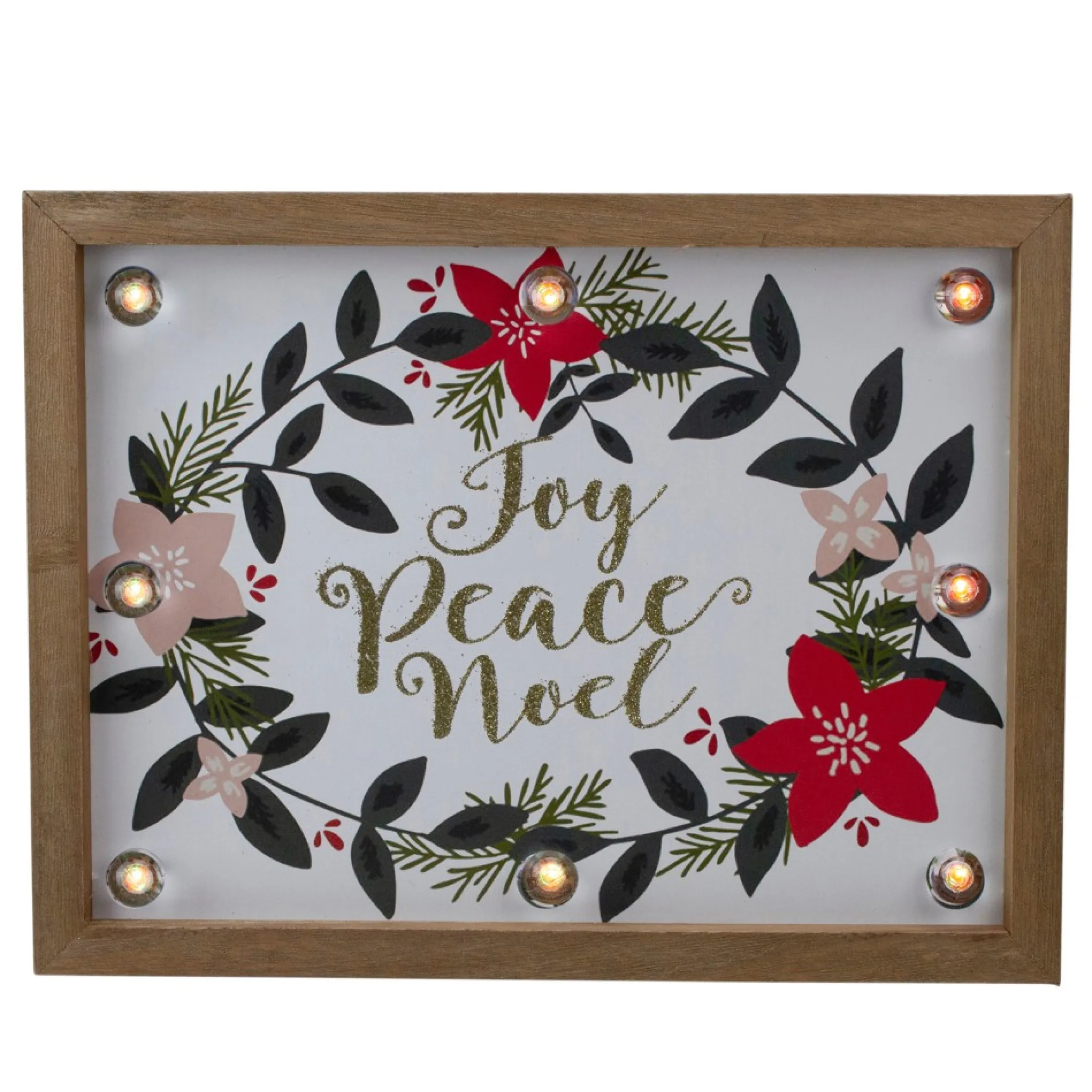 11.8" Brown Framed Floral "Joy, Peace, Noel" Wooden Christmas Wall Plaque