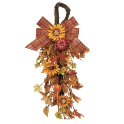 32" Brown Harvest Pumpkin And Sunflower Teardrop, Unlit