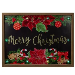 15.75" Brown "Merry Christmas" With Poinsettias Wooden Christmas Plaque