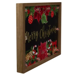 15.75" Brown "Merry Christmas" With Poinsettias Wooden Christmas Plaque