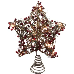 13.5" Brown Rattan With Red Berries Star Christmas Tree Topper - Clear Lights