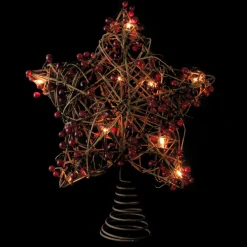 13.5" Brown Rattan With Red Berries Star Christmas Tree Topper - Clear Lights