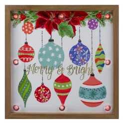 11.8" Brown Wooden Frame "Merry & Bright" With Hanging Ornaments And Glitter Christmas Plaque