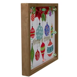 11.8" Brown Wooden Frame "Merry & Bright" With Hanging Ornaments And Glitter Christmas Plaque