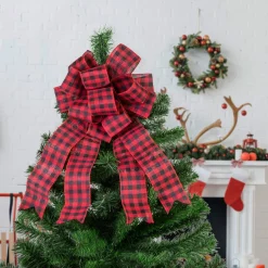 19" Buffalo Plaid Print 14 Loop Christmas Bow Tree Topper