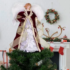 14" Burgundy And White Angel With Lighted Candle Christmas Tree Topper