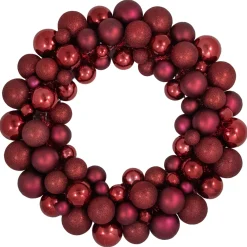 Burgundy 3-Finish Shatterproof Ball Christmas Wreath - 24", Unlit