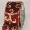 Burgundy Red And Gold Swirly Whirl Wired Craft Ribbon 2.5" X 40 Yards
