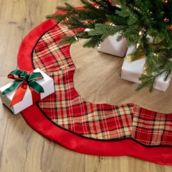 48" Burlap And Red Plaid Christmas Tree Skirt