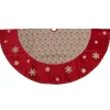 60" Burlap Glittered Snowflake Rustic Christmas Tree Skirt With Red Velvet Trim