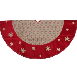 60" Burlap Glittered Snowflake Rustic Christmas Tree Skirt With Red Velvet Trim
