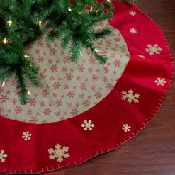60" Burlap Glittered Snowflake Rustic Christmas Tree Skirt With Red Velvet Trim