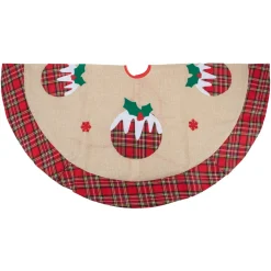 48" Burlap Plaid Tree Skirt With Christmas Puddings