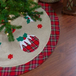 48" Burlap Plaid Tree Skirt With Christmas Puddings