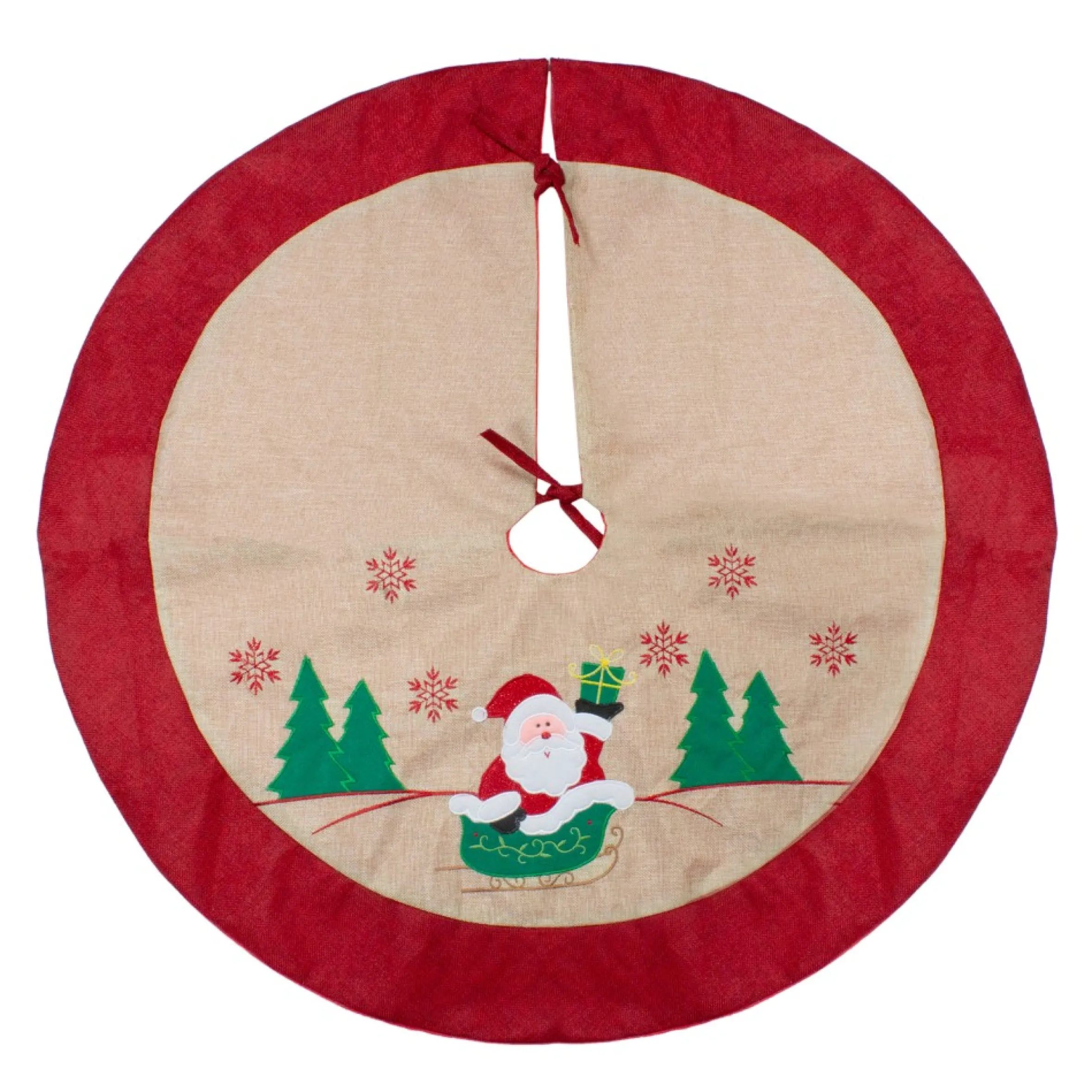 36" Burlap Santa Claus In Sleigh Embroidered Christmas Tree Skirt