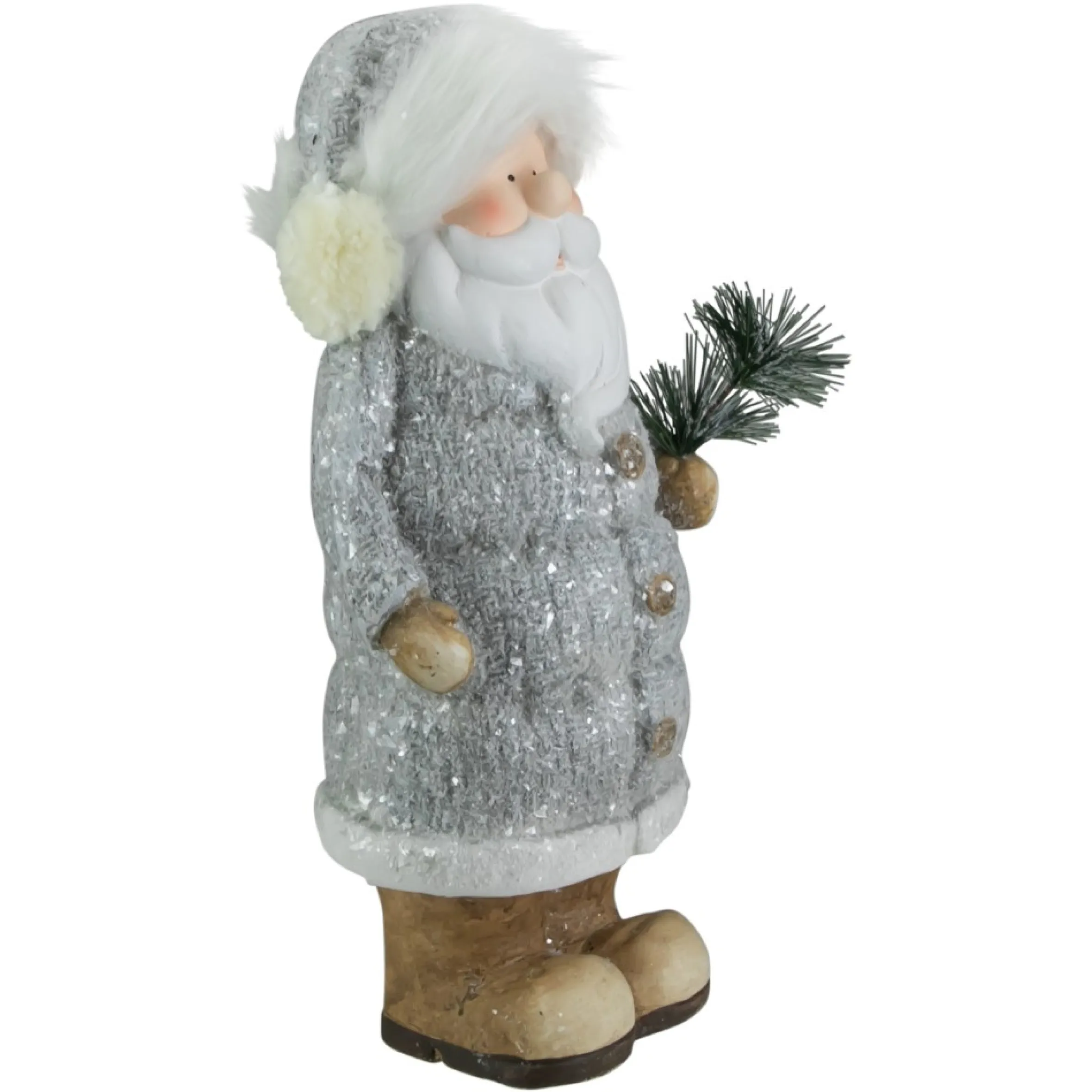 18" Ceramic Santa In Gray Coat Holding Pine Sprig Christmas Figure