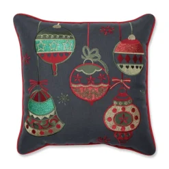 16.5" Charcoal Gray And Red Sparkling Christmas Ornaments Square Throw Pillow