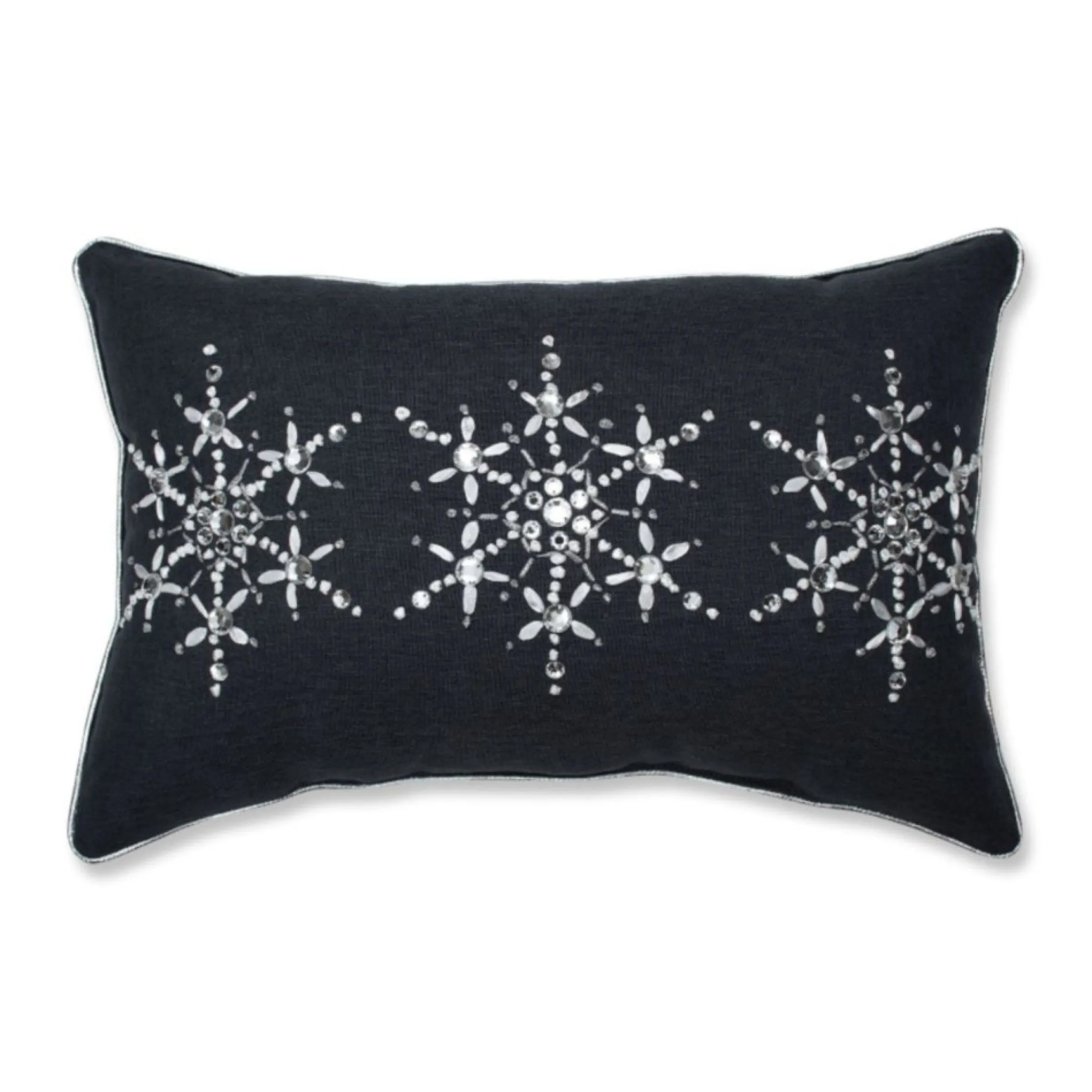 18.5" Charcoal Gray And White Embroidered Snowflakes Rectangular Throw Pillow