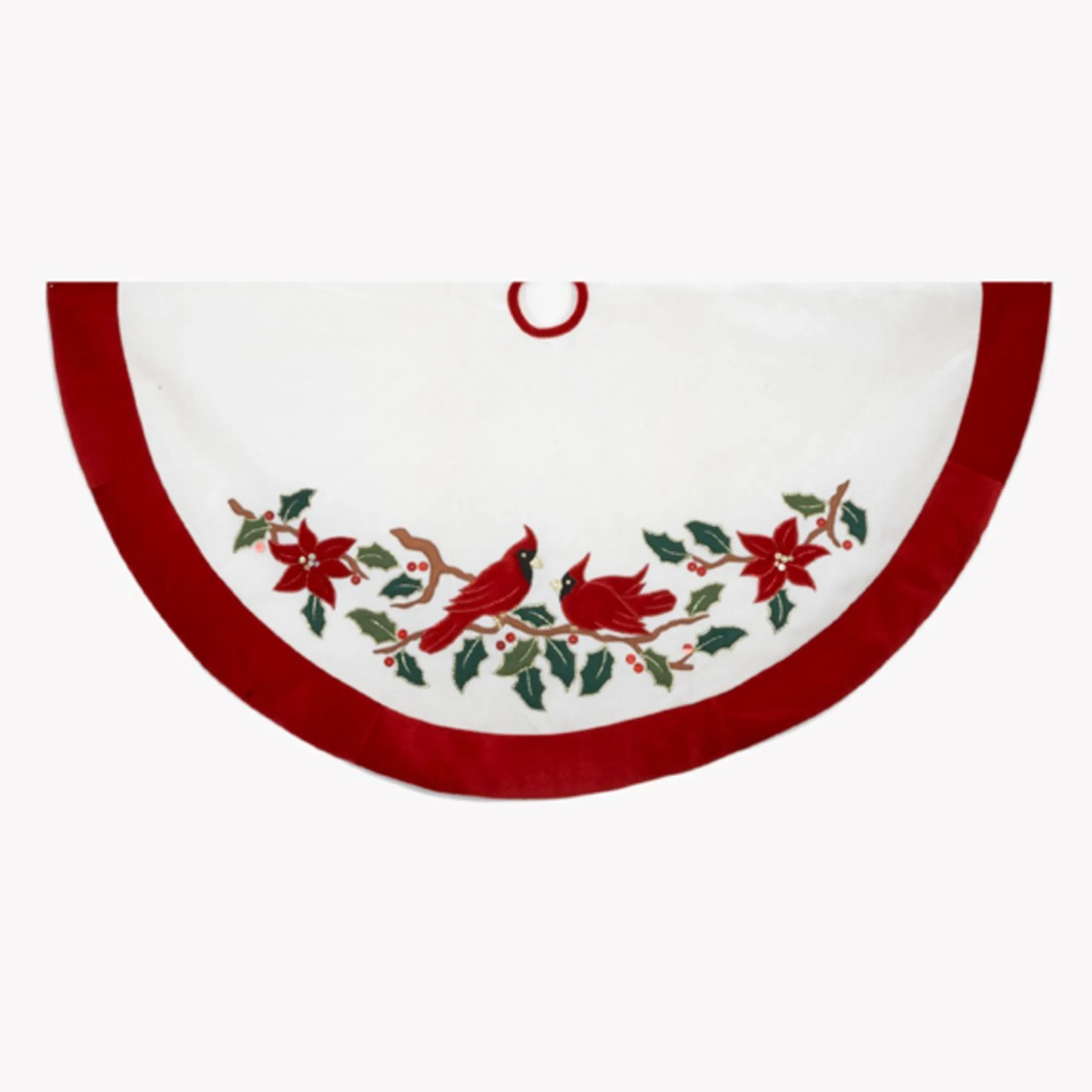 48" Christmas Traditions White Velevet And Cardinal Patternedtree Skirt