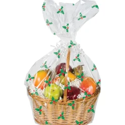 Club Pack Of 12 Christmas Holly Printed Large Cellophane Gift Basket Bags 25"