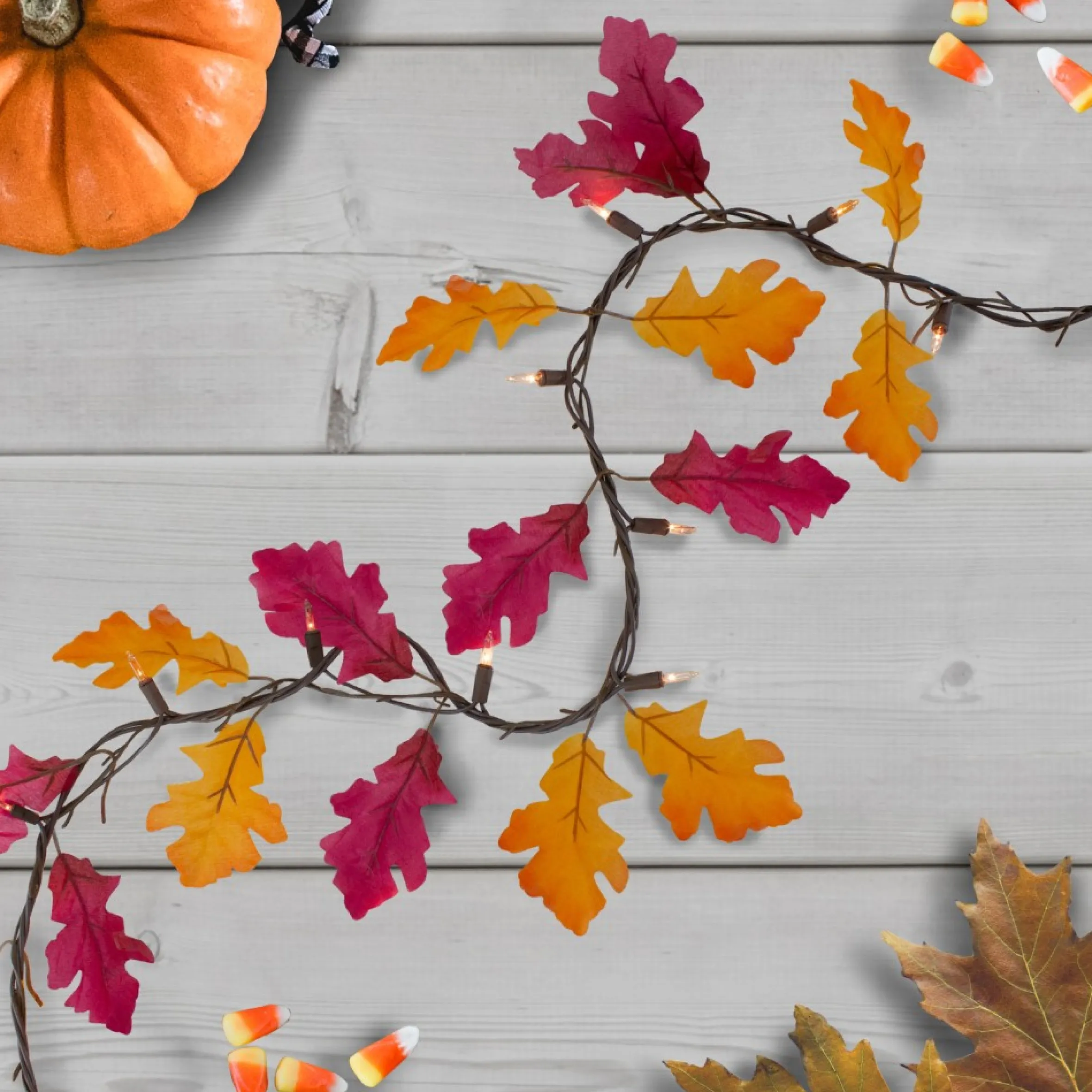 35-Count Fall Harvest Leaves Mini Light Garland Set, 8.75Ft Brown Wire