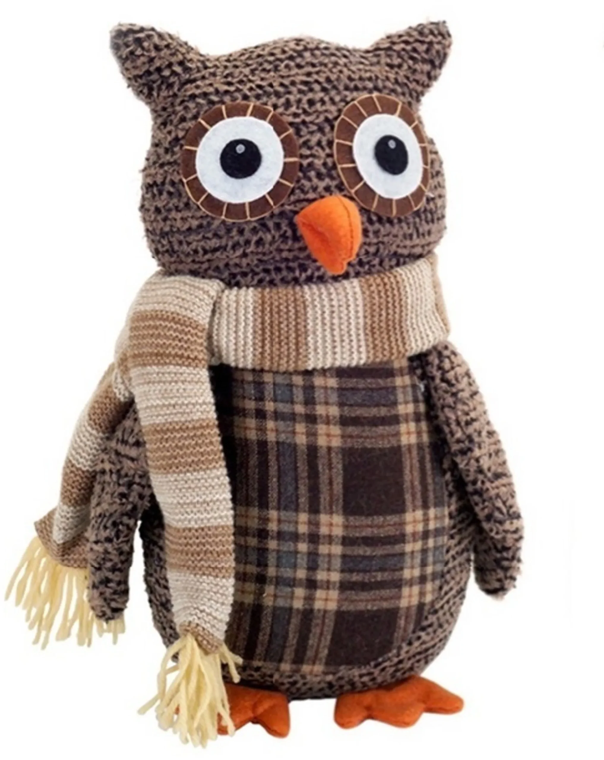 12.25" Country Cabin Decorative Plush Brown And Beige Plaid Owl Christmas Table Top Decoration
