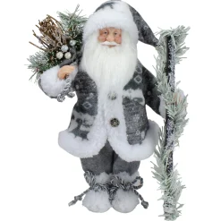 12" Country Patchwork Gray And White Santa Claus Christmas Figure