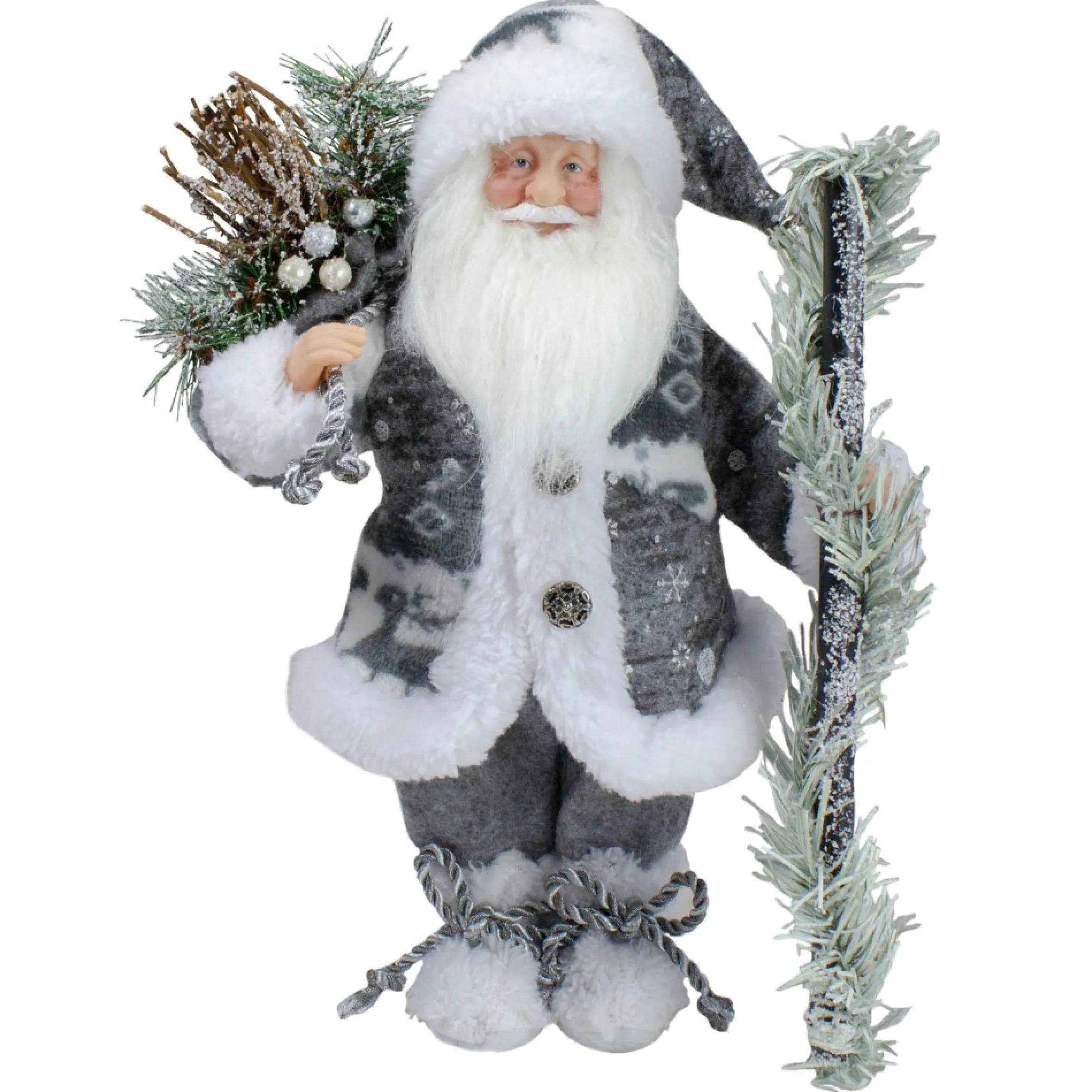 12" Country Patchwork Gray And White Santa Claus Christmas Figure