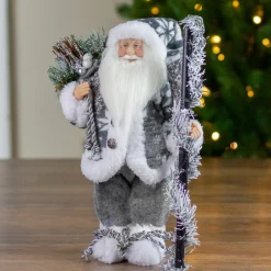 12" Country Patchwork Gray And White Santa Claus Christmas Figure
