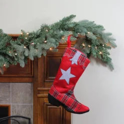 18.5" Country Rustic Red And Black Plaid Cowboy Boot Christmas Stocking