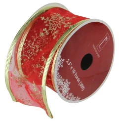 Cranberry Red And Gold Glitter Snowflakes Wired Christmas Craft Ribbon 2.5 X 10 Yards