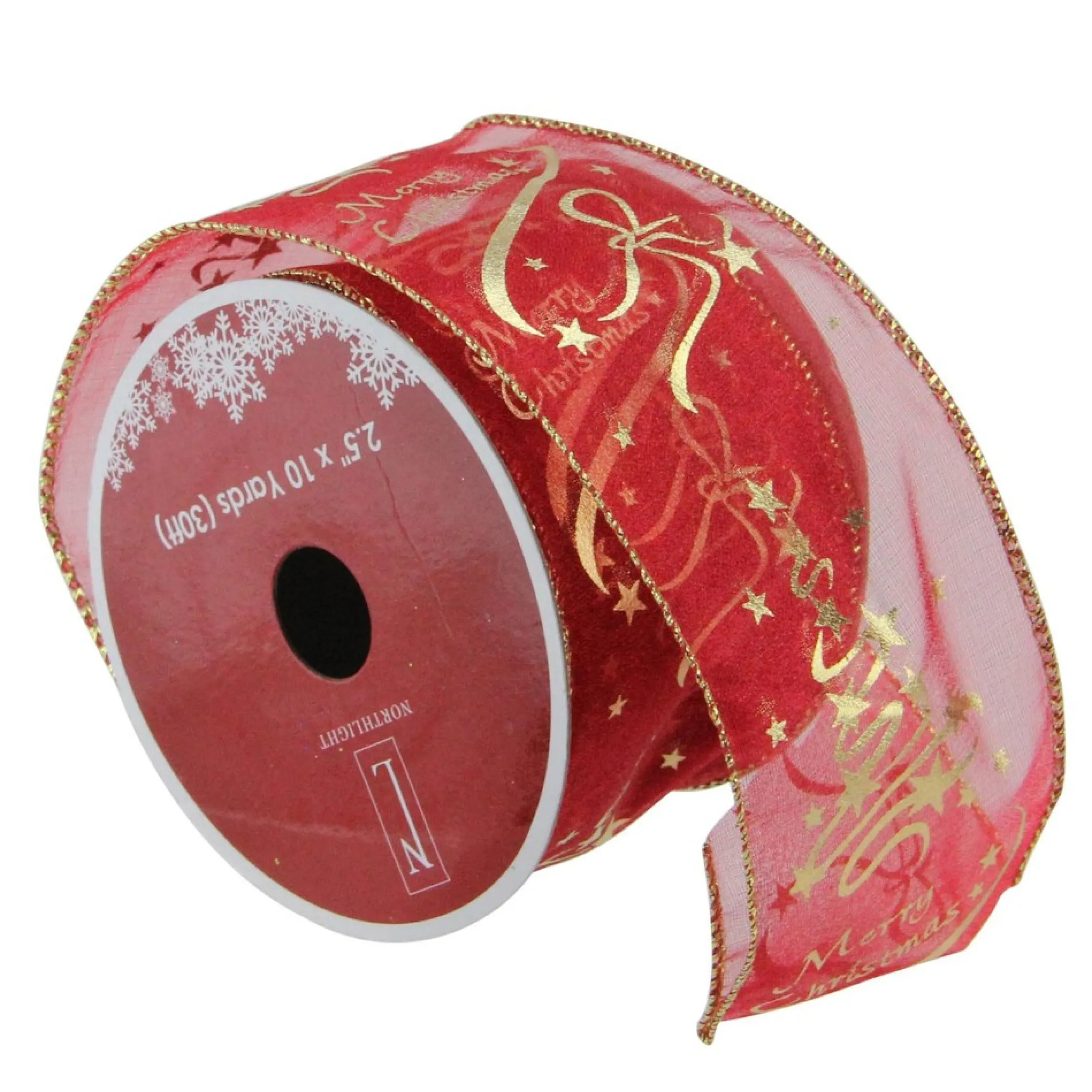 Cranberry Red And Gold "Merry Christmas" Wired Christmas Craft Ribbon 2.5" X 10 Yards
