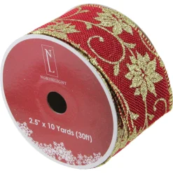 Cranberry Red And Gold Poinsettia Christmas Wired Craft Ribbon 2.5" X 10 Yards