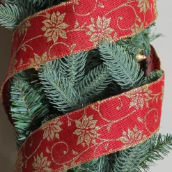 Cranberry Red And Gold Poinsettia Christmas Wired Craft Ribbon 2.5" X 10 Yards