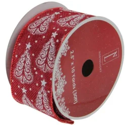 Cranberry Red And White Trees Burlap Wired Christmas Craft Ribbon 2.5" X 10 Yards