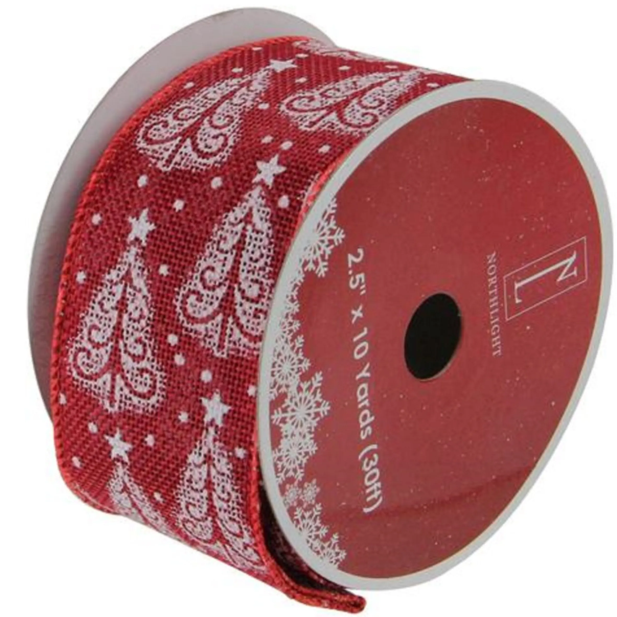 Cranberry Red And White Trees Burlap Wired Christmas Craft Ribbon 2.5" X 10 Yards
