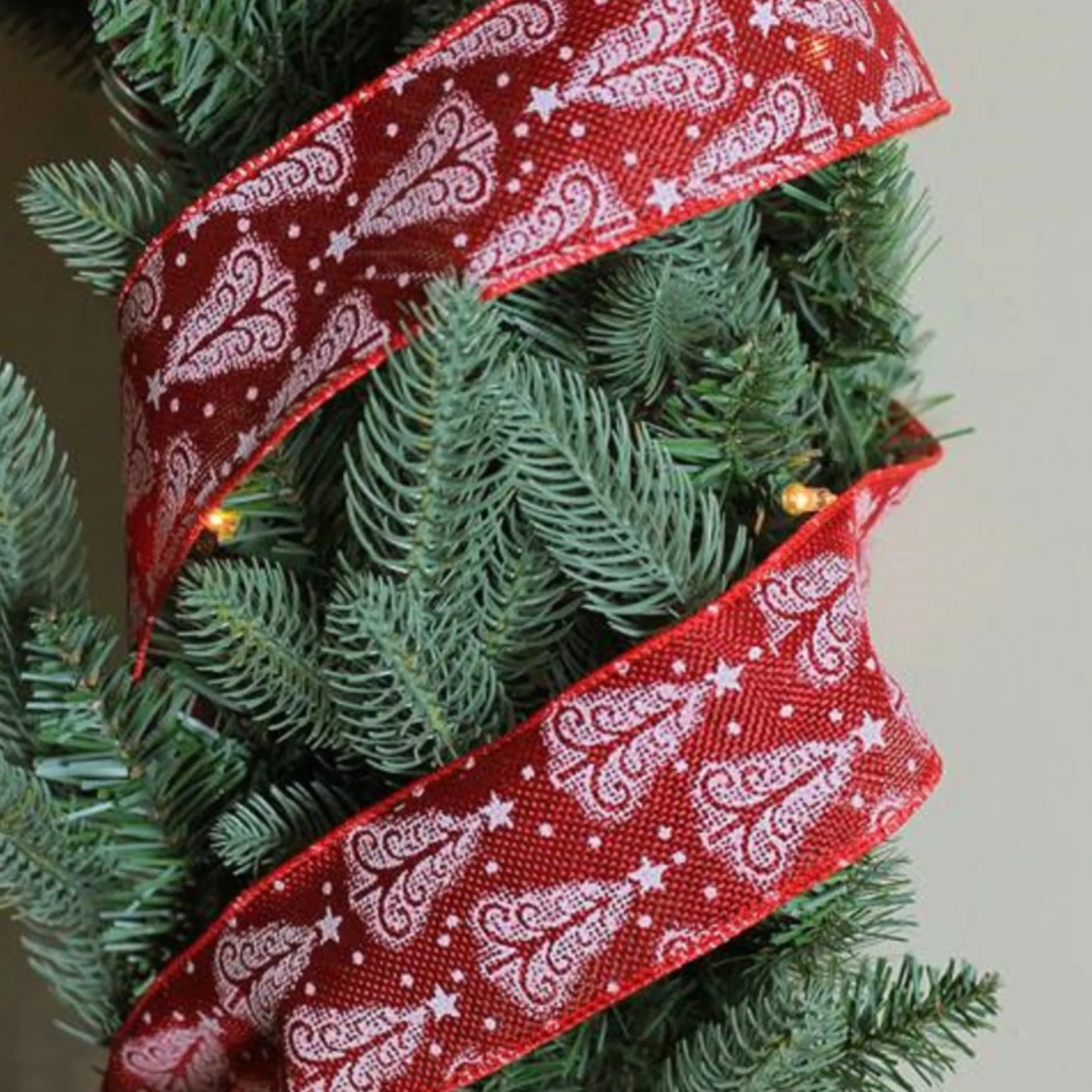 Cranberry Red And White Trees Burlap Wired Christmas Craft Ribbon 2.5" X 10 Yards