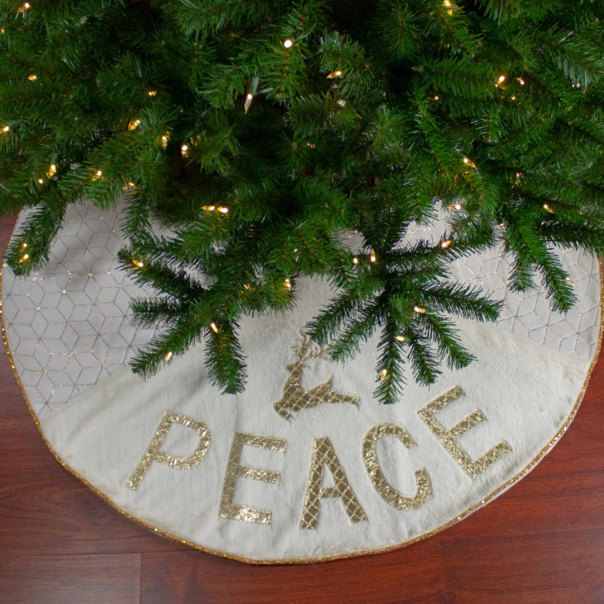 48" Cream And Gold Peace And Reindeer Christmas Tree Skirt